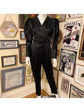 80s Vintage Barbara Barbara Black Satin Jumpsuit With Puff Sleeves Size 5/6